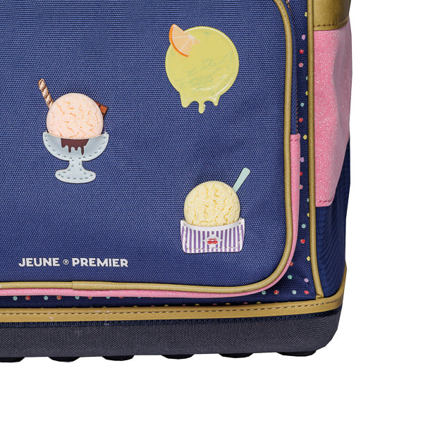 Dark blue Ergomaxx Disco Dip ergonomic backpack by Jeune Premier with colorful ice cream illustrations for girls from first grade