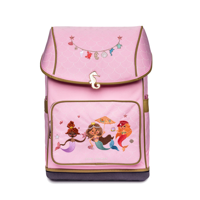 Pink Ergomaxx Mermaids ergonomic backpack by Jeune Premier with mermaid illustrations for girls from first grade