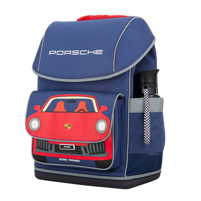 Ergomaxx Porsche ergonomic backpack by Jeune Premier with red Porsche car on blue school bag