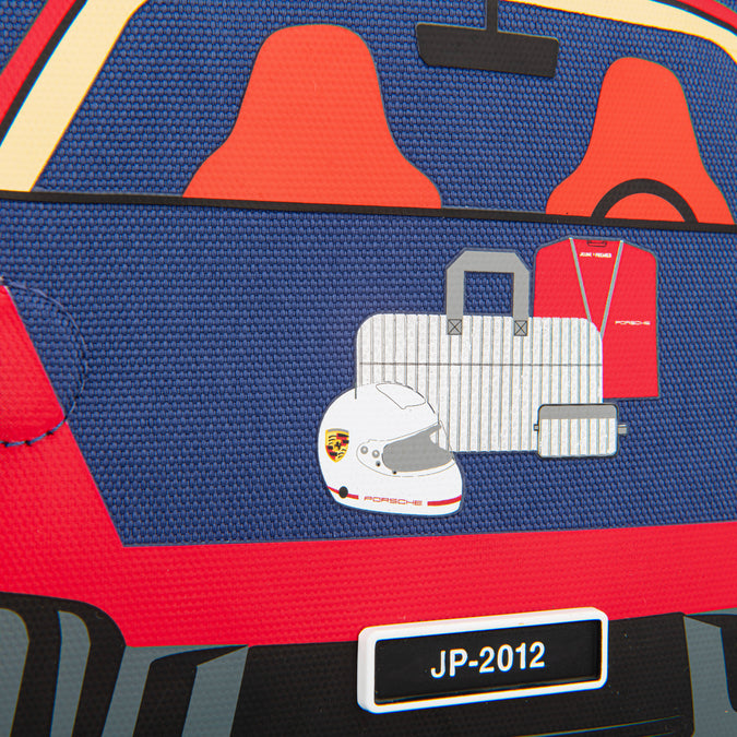 Ergomaxx Porsche ergonomic backpack by Jeune Premier with red Porsche car on blue school bag