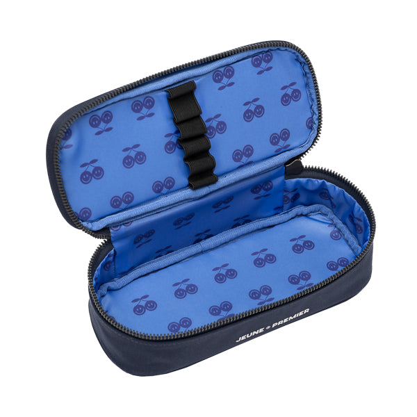 A plain pencil box, varnished with Jeune Premier designs, with a selection of elastic bands on the lid to store your favorite pens.