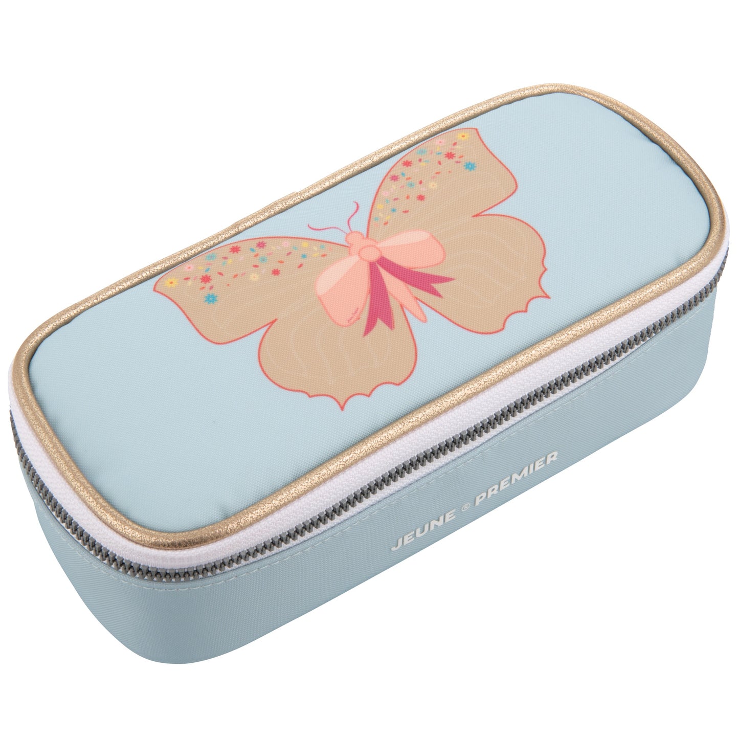 Trendy spacious pencil box. A plain pencil box, varnished with Jeune Premier designs, with a selection of elastic bands on the lid to store your favorite pens.