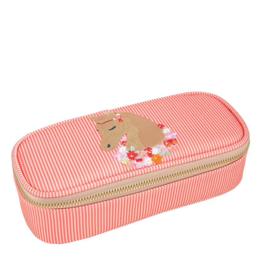 A plain pencil box, varnished with Jeune Premier designs, with a selection of elastic bands on the lid to store your favorite pens.