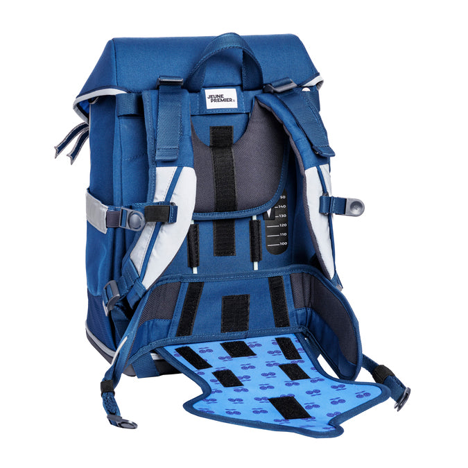 Ergomaxx Supercats ergonomic backpack by Jeune Premier with three masked animal characters on a blue school bag