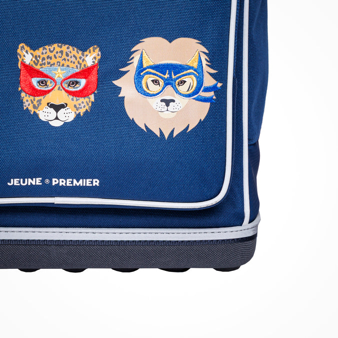 Ergomaxx Supercats ergonomic backpack by Jeune Premier with three masked animal characters on a blue school bag