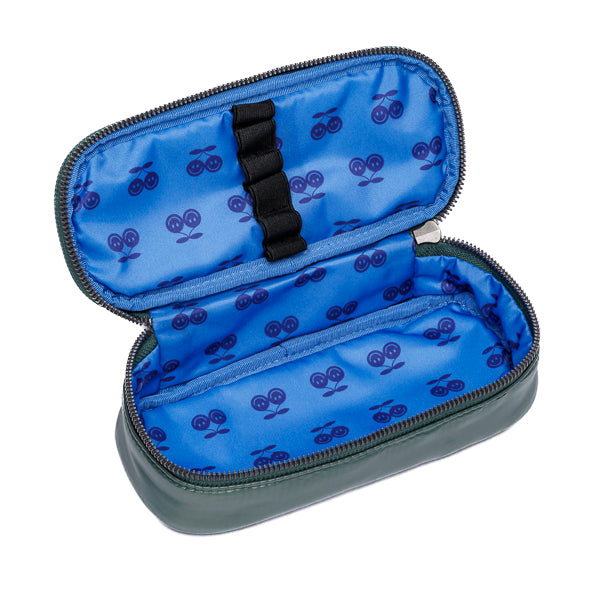 Open Jeune Premier Pencil Box Puffer Green with elastic pen organiser bands inside