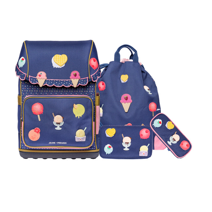 Dark blue Ergomaxx Disco Dip ergonomic backpack by Jeune Premier with colorful ice cream illustrations for girls from first grade