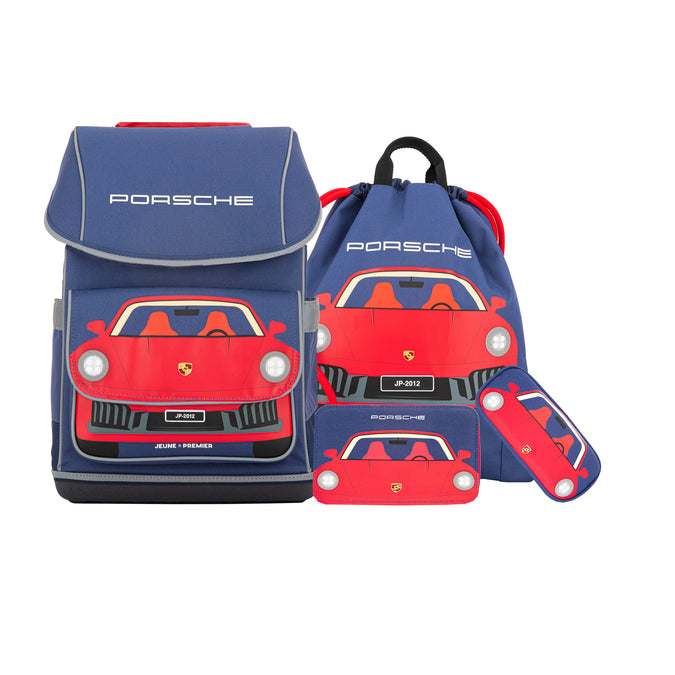 Ergomaxx Porsche Design schoolbag set by Jeune Premier – includes ergonomic backpack, city bag, pencil case and filled pencil case for first-grade boys.