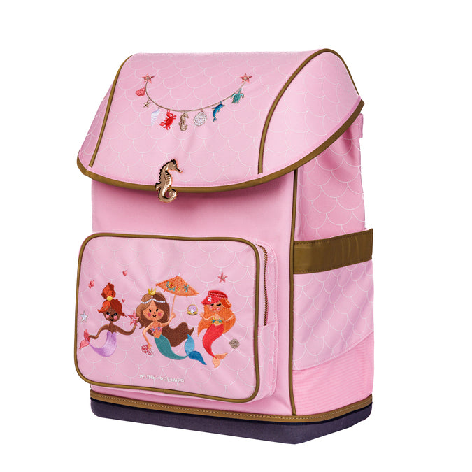 Pink Ergomaxx Mermaids ergonomic backpack by Jeune Premier with mermaid illustrations for girls from first grade