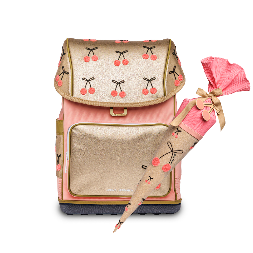 Jeune Premier Ergomaxx + Schultüte Set Cherry Pompon – ergonomic school backpack and matching 70cm school cone bag for girls, cherry and gold design