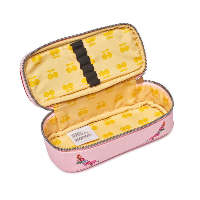 Jeune Premier Pencil Box Berry Cute with cherry embroidery and floral pattern for girls, inside view